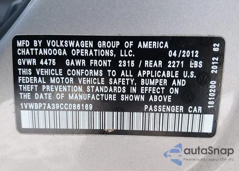 2012 Volkswagen Passat 2.5L Se z USA, uszkodzony, nr VIN 1VWBP7A39CC086169